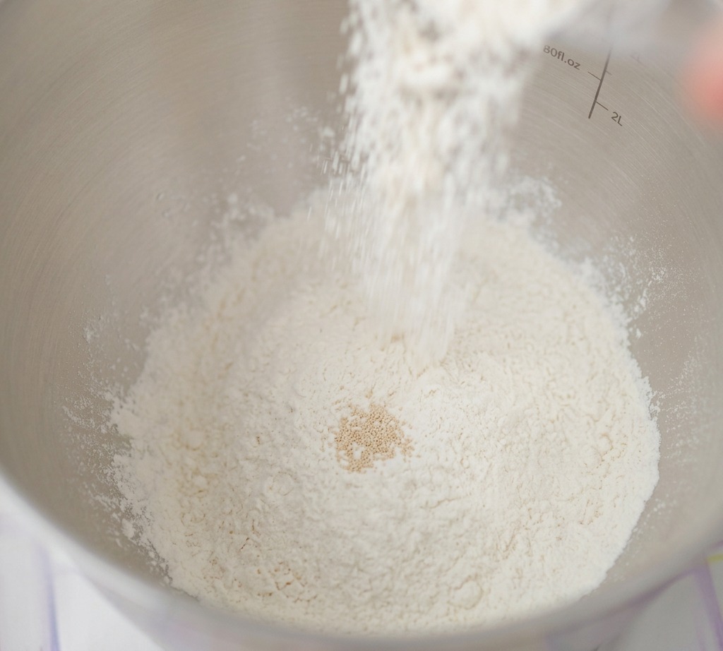 イーストと塩が入ったステンレス製のボウルに白い小麦粉をふるい入れている様子。