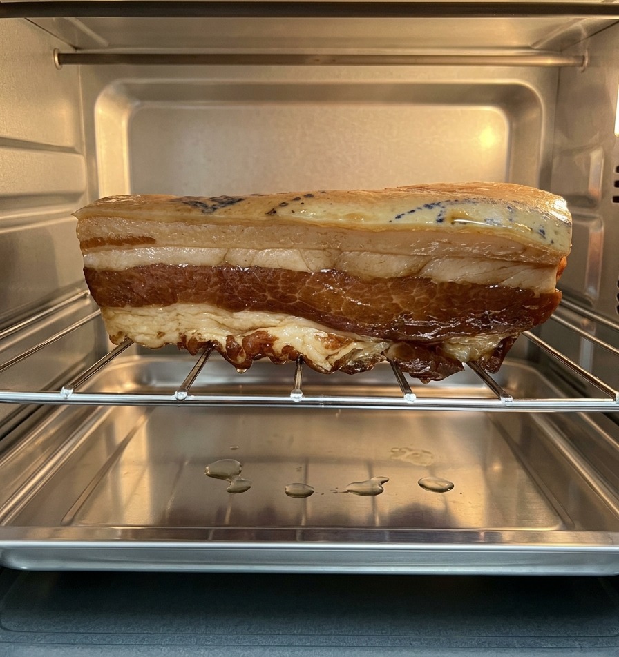 オーブン内の網の上に置かれた、香ばしい焼き色のついた豚バラブロック肉