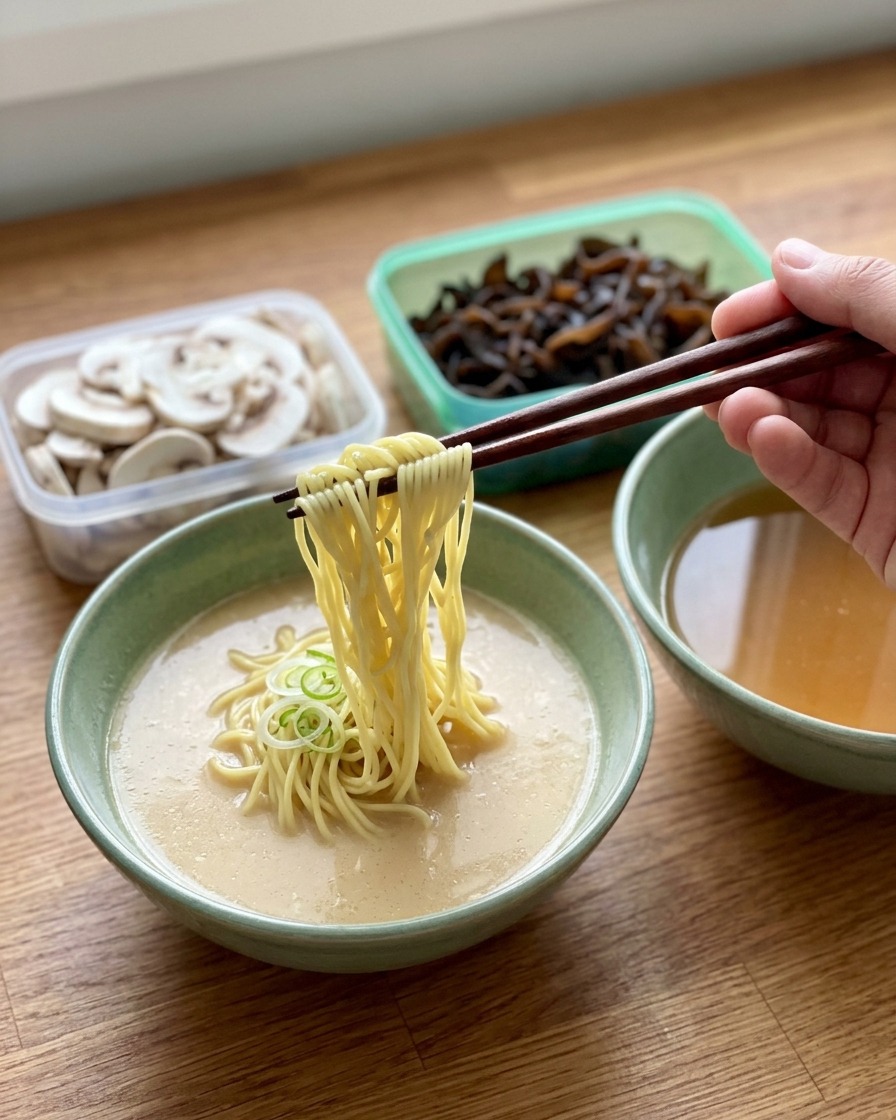 緑色のどんぶりに入ったクリーミーなスープの中から、箸で細麺を持ち上げている様子