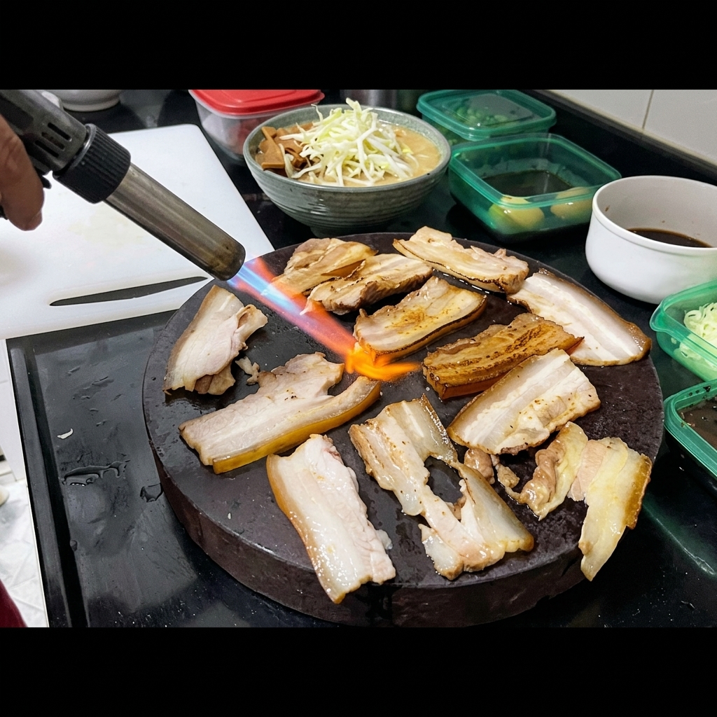 スライスしたチャーシューをバーナーで炙っている様子。背景にはネギやタレが準備されている。
