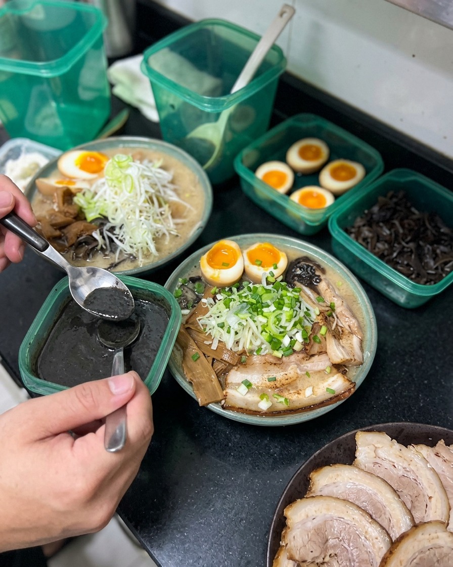 チャーシュー、味玉、ネギが乗ったラーメンに、スプーンで黒いマー油を回しかけている様子
