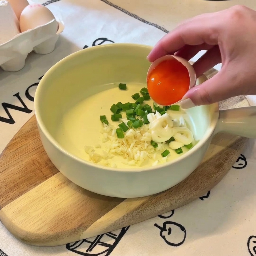 薬味やマヨネーズが入ったボウルに、鮮やかなオレンジ色の卵黄を落とす様子