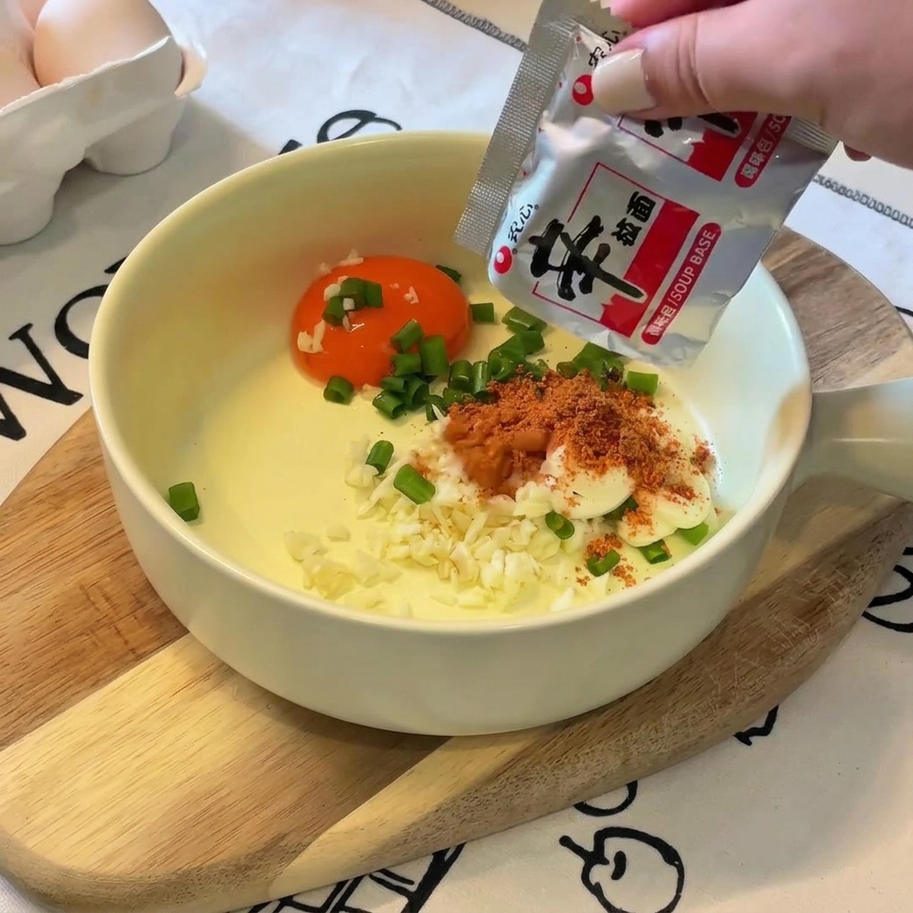 卵黄やマヨネーズが入ったボウルに、インスタントラーメンの粉末スープを振り入れる様子
