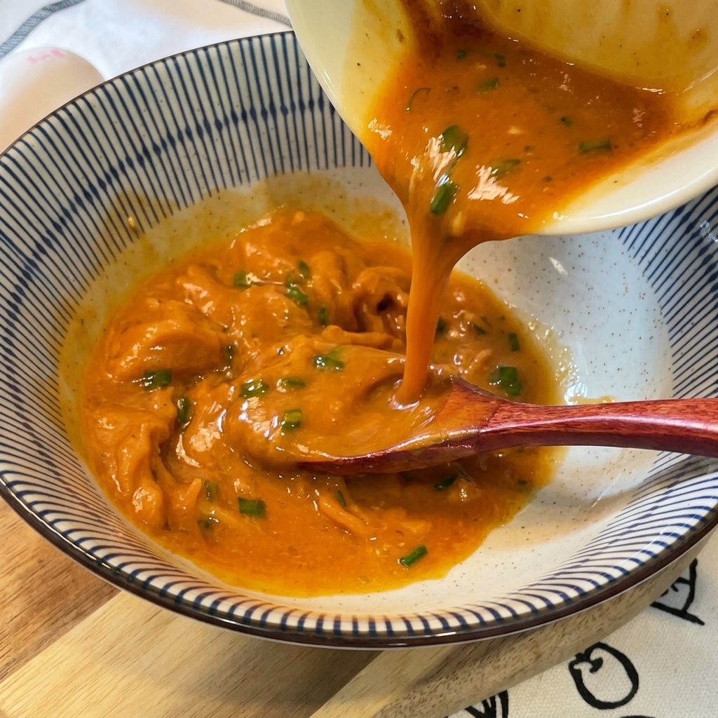 混ぜ合わせたクリーミーなスープを大きなラーメン鉢に注ぎ入れる様子