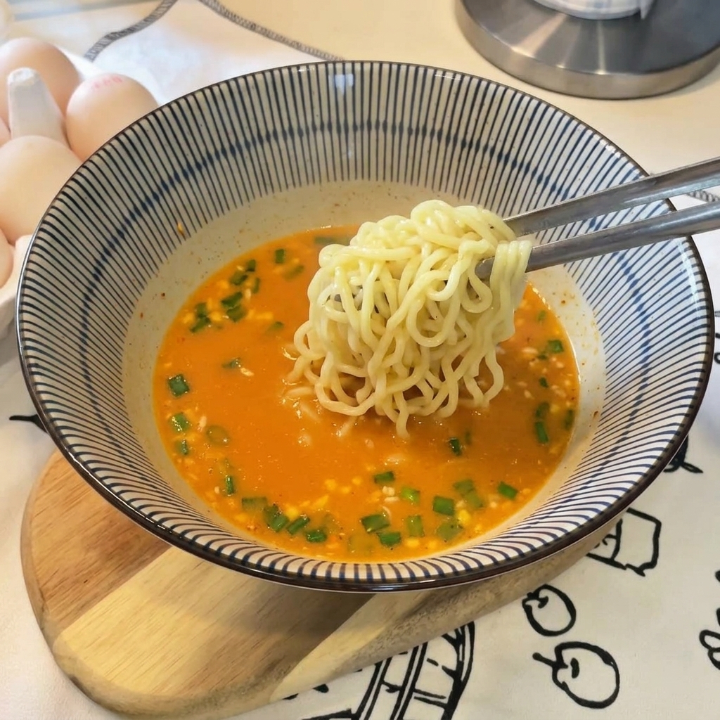 トングで茹で上がった麺をすくい、スープの入った器に盛り付ける様子