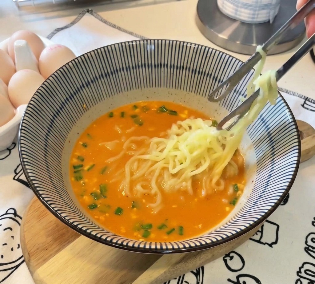 箸を使って、とろとろの半熟卵をラーメンの上にそっと添える様子