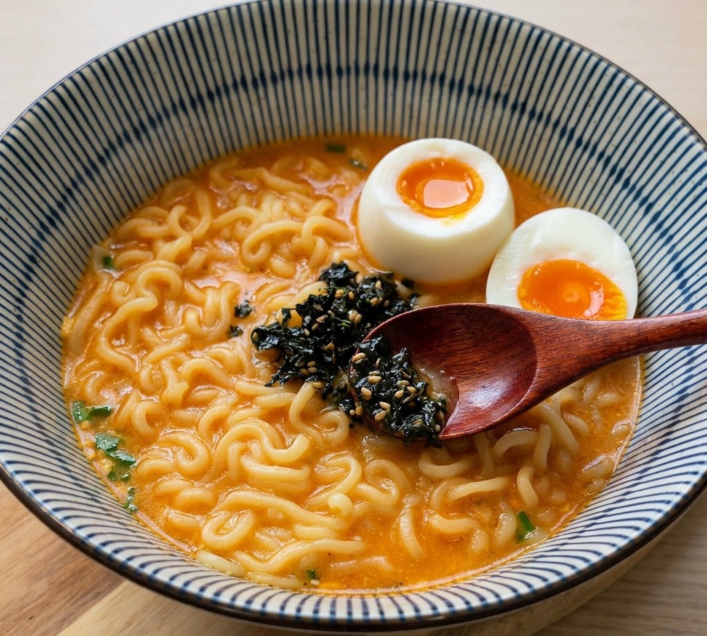 ねぎ、刻みのり、黒ごまをラーメンの中央にバランスよく盛り付ける様子