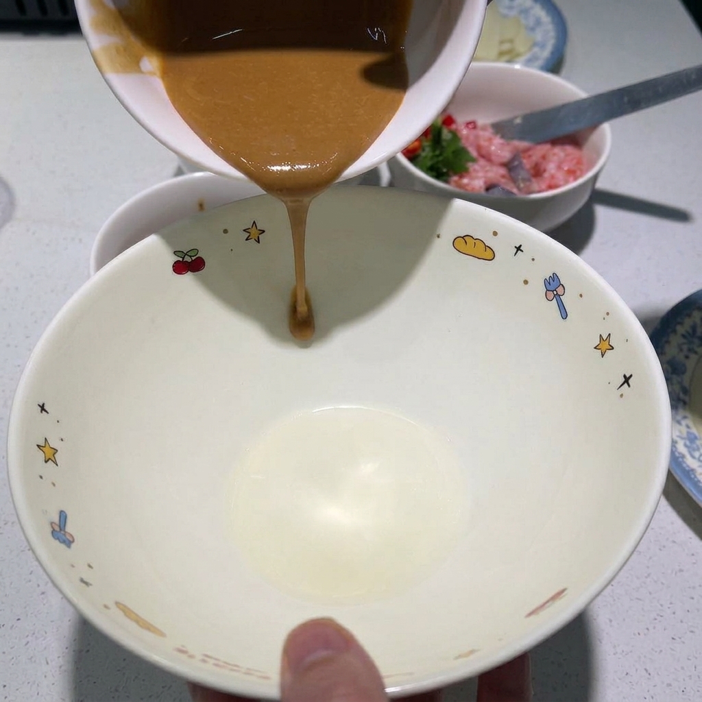 小さなボウルから、可愛らしい料理のイラストが描かれた大きめの白いボウルへと注がれる、クリーミーな茶色のごまダレ。