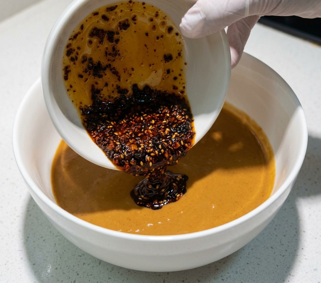 手袋をはめた手が、濃厚な茶色のごまダレが入った大きな白いボウルに、小さな器から真っ赤なラー油を注いでいる様子。