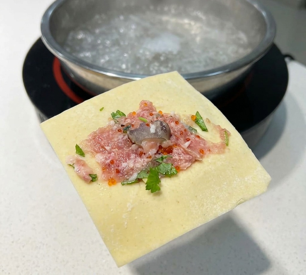 手の上に広げた四角い黄色いワンタンの皮の上に、ひき肉、緑のハーブ、エンド1匹の新鮮なエビが載っている様子。