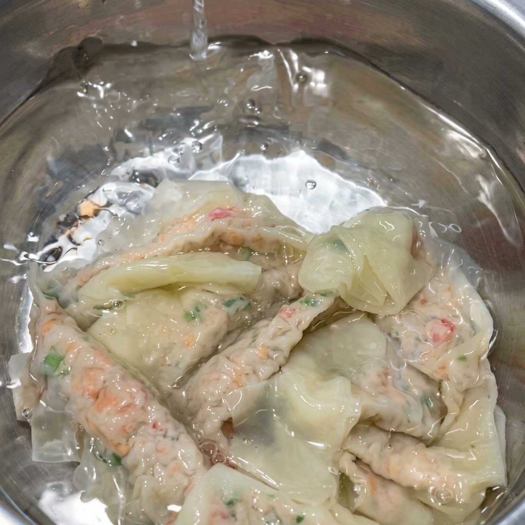 茹で上がった半透明の長い手延べワンタン麺が、食感を安定させるために透明な冷水の入ったボウルに浸されている様子。