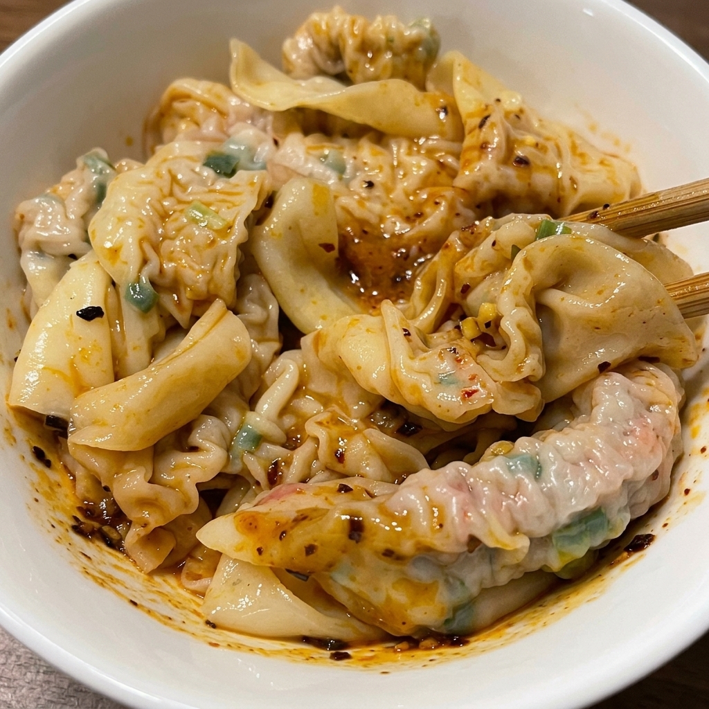 木箸を使い、ボウルの中でワンタン麺を混ぜ合わせ、濃厚な茶色のごまダレと赤いラー油が均一に絡むようにしている様子。