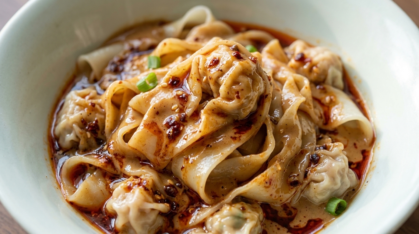 ピリ辛ごまダレでいただく手延べワンタン麺