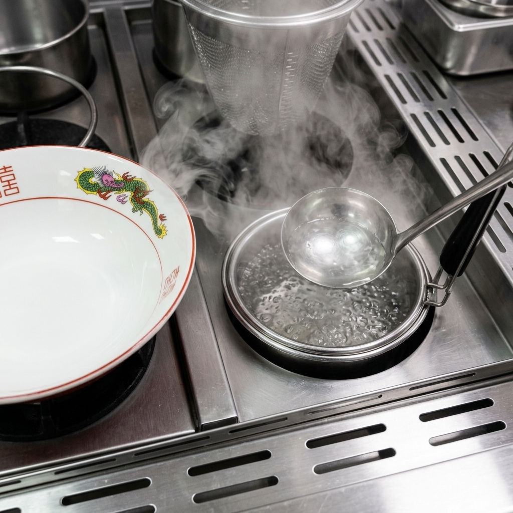 プロ仕様のステンレス製キッチンの上で、赤色の龍の紋様が描かれた白い陶器のラーメン丼に、ステンレス製のお玉で熱湯を注いでいる様子。