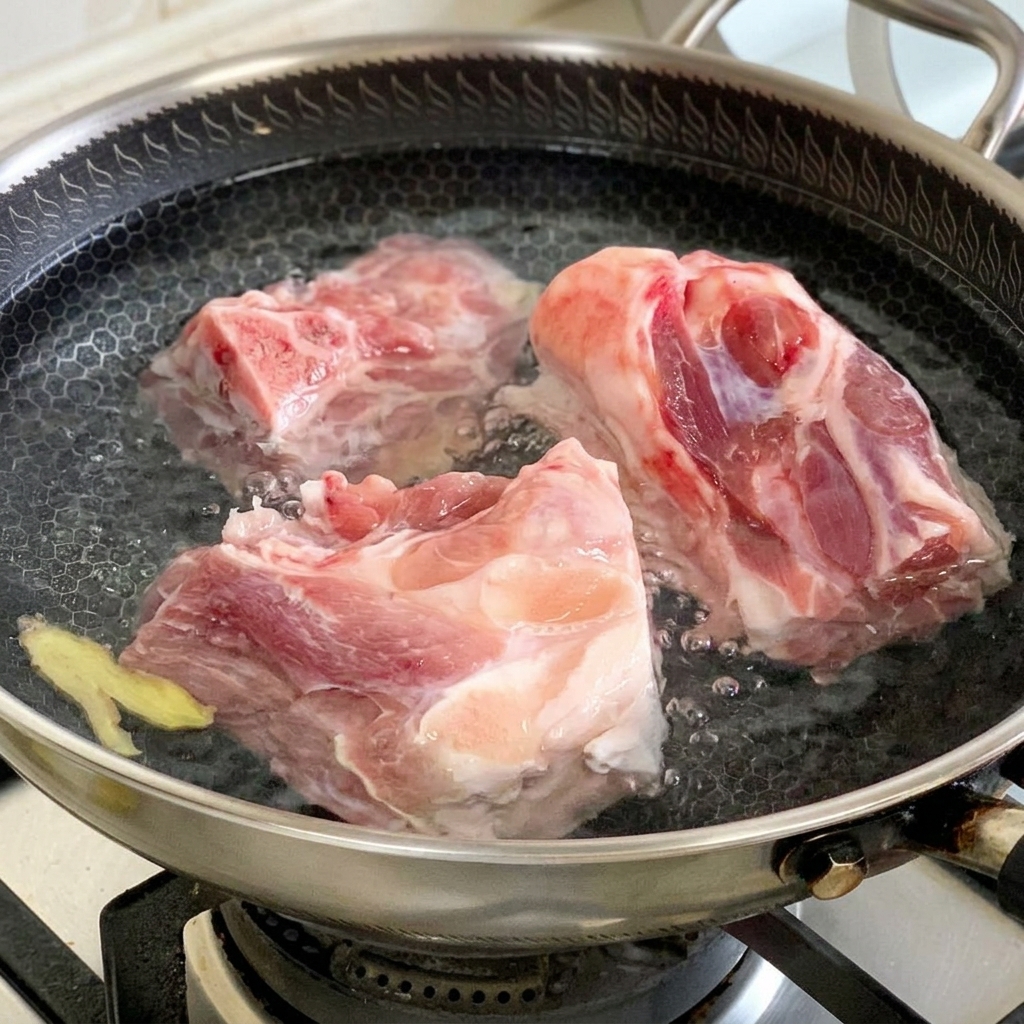冷水を入れた鍋に生の豚骨、生姜のスライス、青ねぎを入れ、下茹での準備が整った状態。