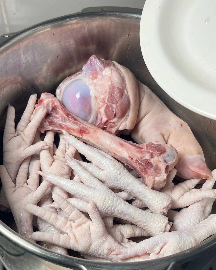 ステンレス鍋の中に、生の鶏足、大きな豚げんこつ、豚足が入り、香味野菜と水に浸かっている様子
