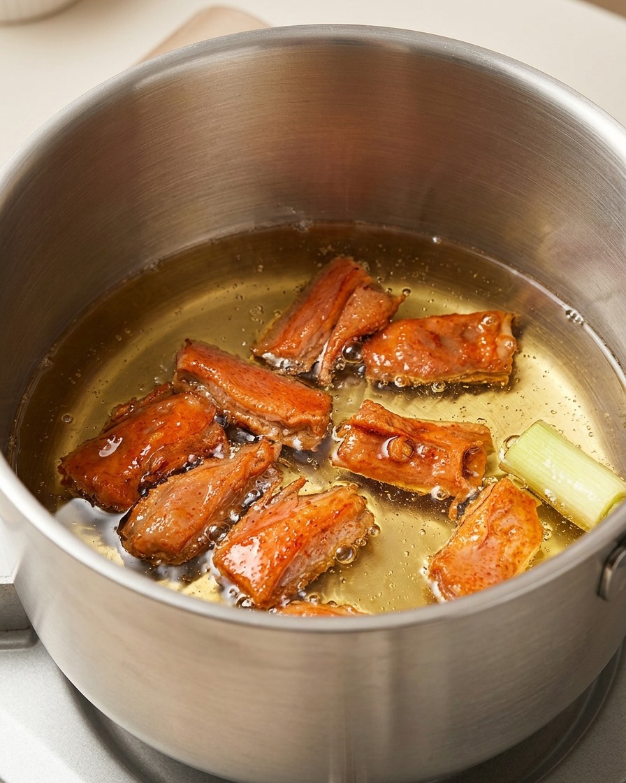 たっぷりの大豆油が入ったステンレス鍋の中で、ふつふつと優しく揚げ焼きにされる海老の頭と長ねぎ。