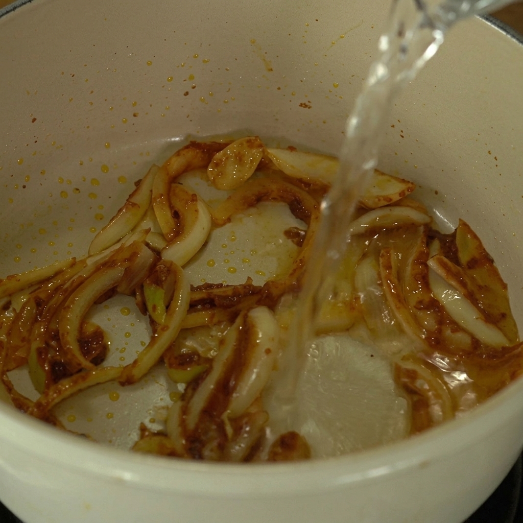 炒めた玉ねぎと濃い茶色の味噌が混ざり合った白い鍋の中に、透明な水が注がれている様子。