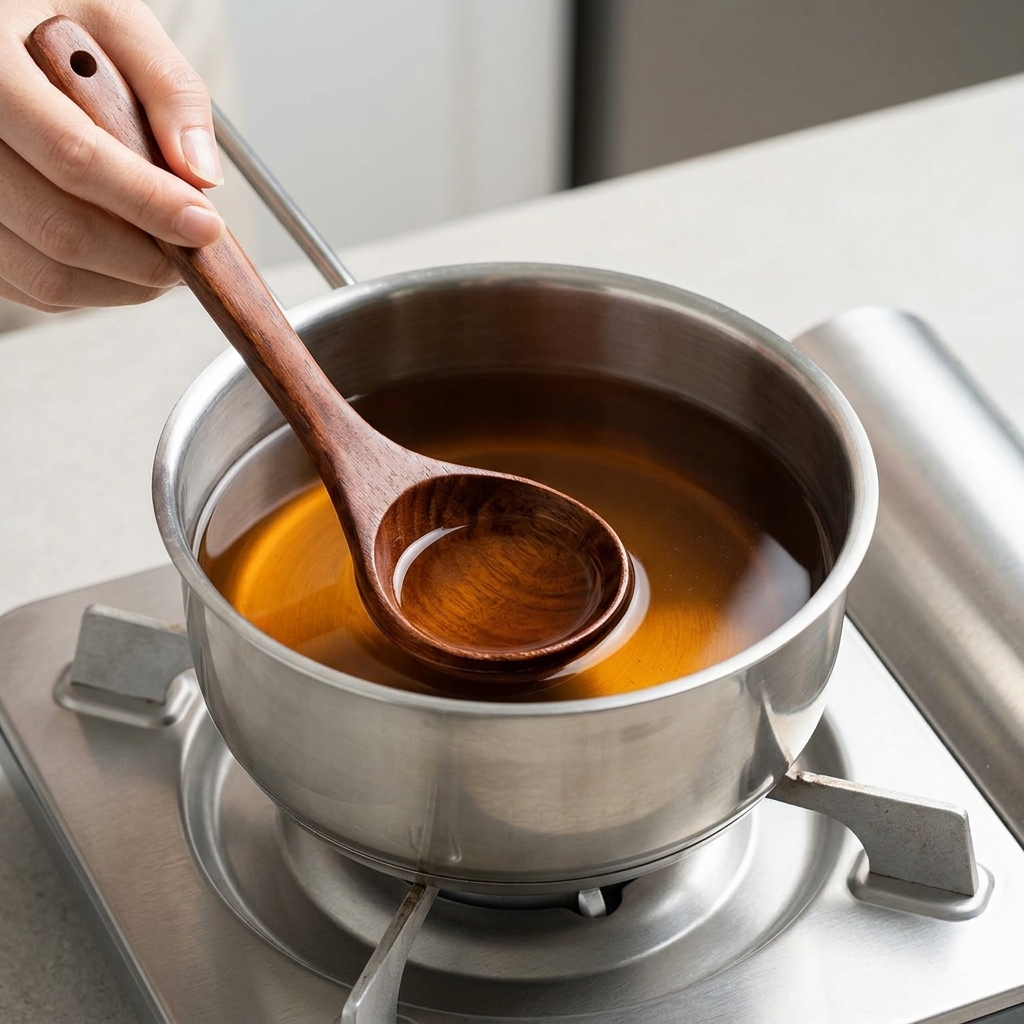 ステンレスの鍋で気泡が立ち上る、濃い茶色のラーメンスープを木製のお玉で混ぜている様子。