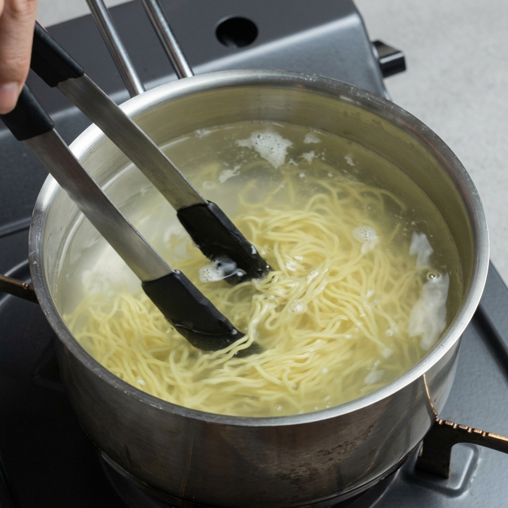 鍋の熱湯の中で、トングを使って黄色い中華麺を優しく混ぜてほぐしている様子。