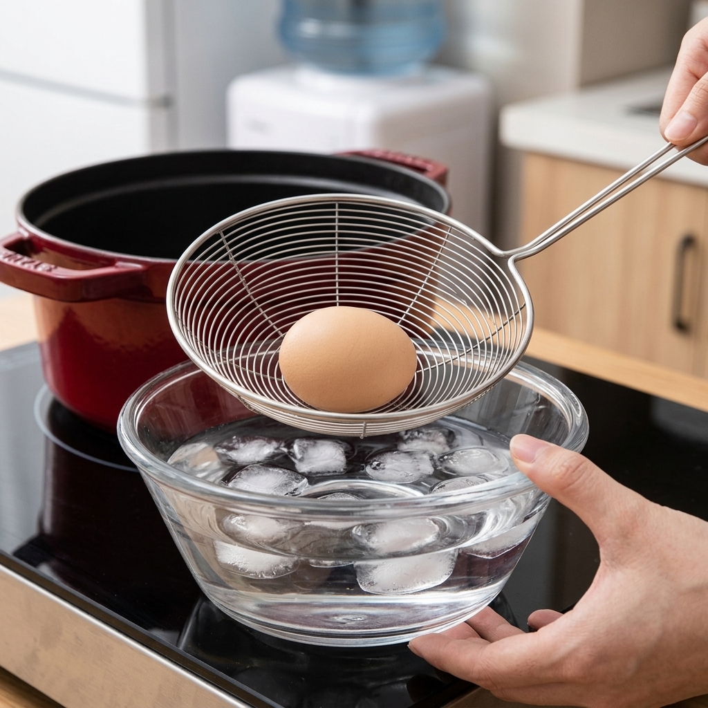 茹で上がった卵を網じゃくしですくい、氷がたっぷり入ったガラスボウルに浸す様子。