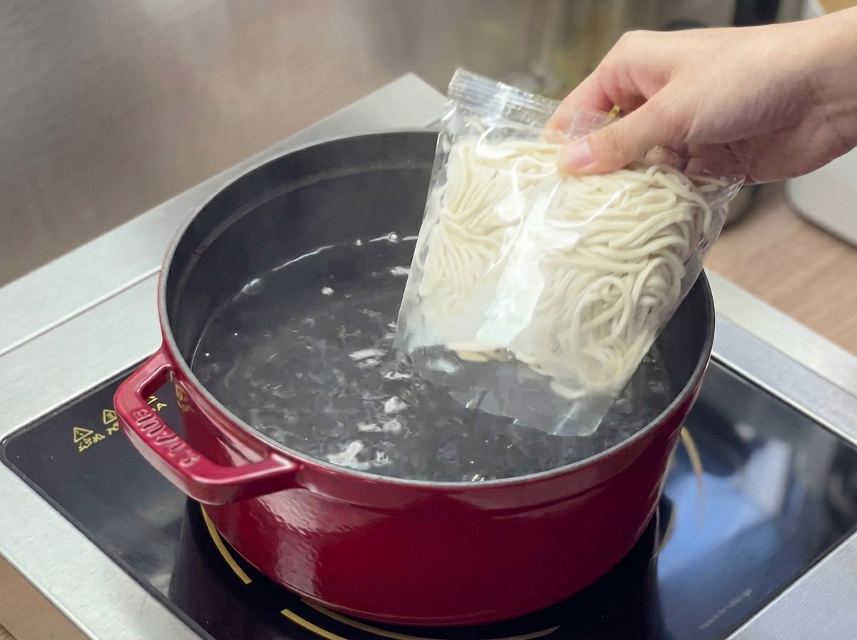 IHクッキングヒーターの上の赤いお鍋の中に、袋から出した生のラーメンの麺を入れようとしている手元。