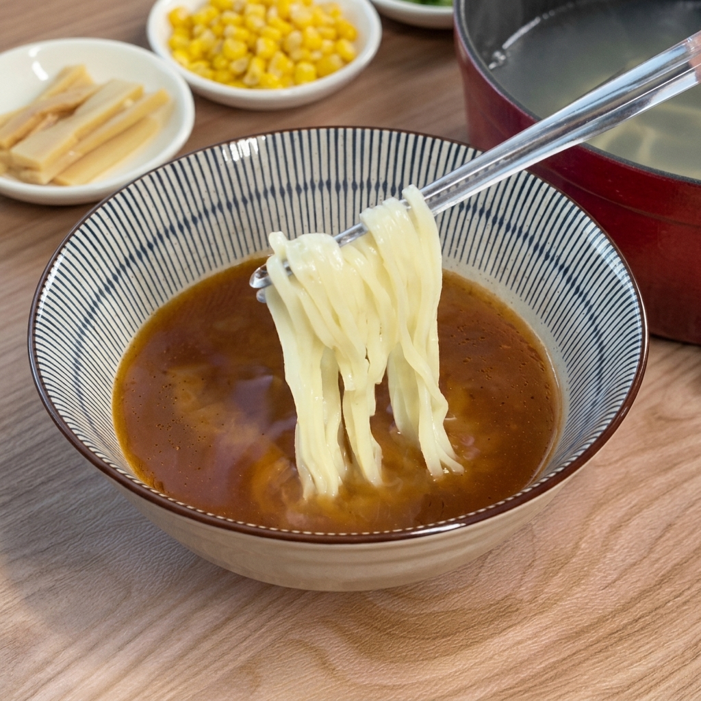 しっかりと茹で上がったラーメンの麺を、金属製の箸で持ち上げて濃い色の味噌スープの器に移している様子。