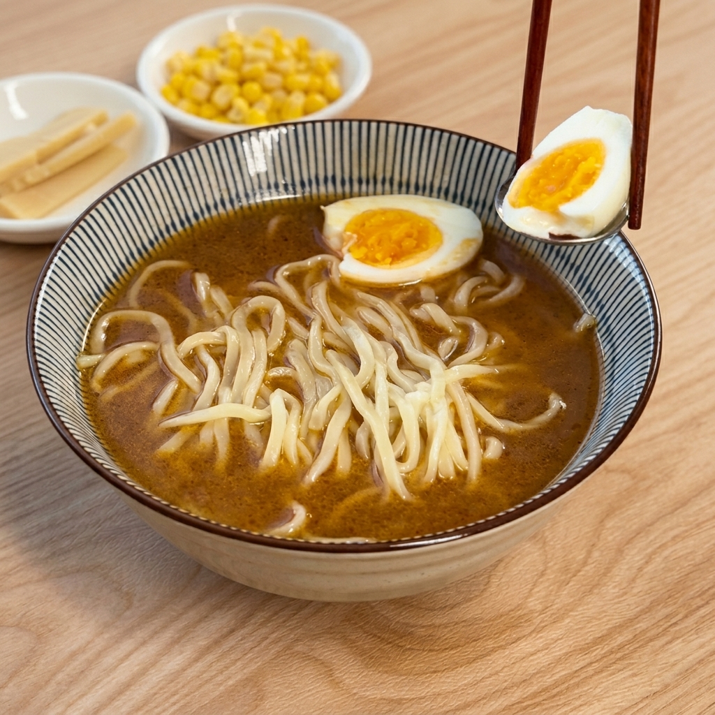 半分にカットされた、鮮やかなオレンジ色の黄身が見える半熟卵を、スプーンと箸を使ってラーメンの上にそっとのせている手元。