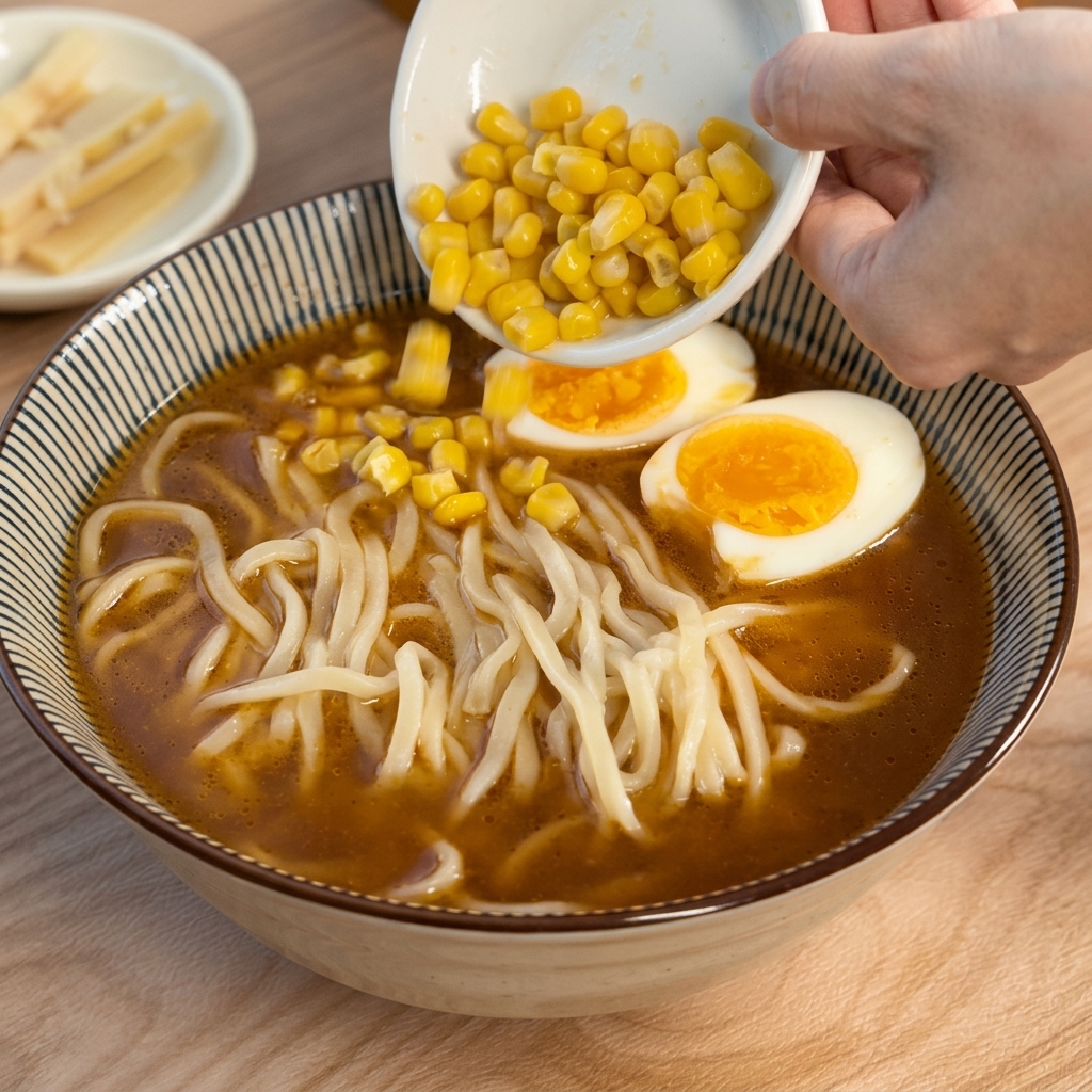 すでに卵がトッピングされた味噌ラーメンの器に、小さな白いお皿から鮮やかな黄色のスイートコーンを注ぎ入れている様子。