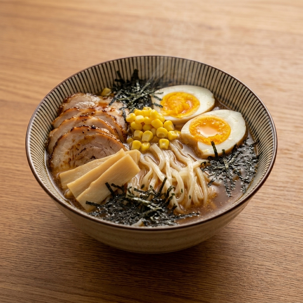 卵、コーン、メンマ、チャーシュー、のりが美しく盛り付けられた味噌ラーメンの完成間近の様子。