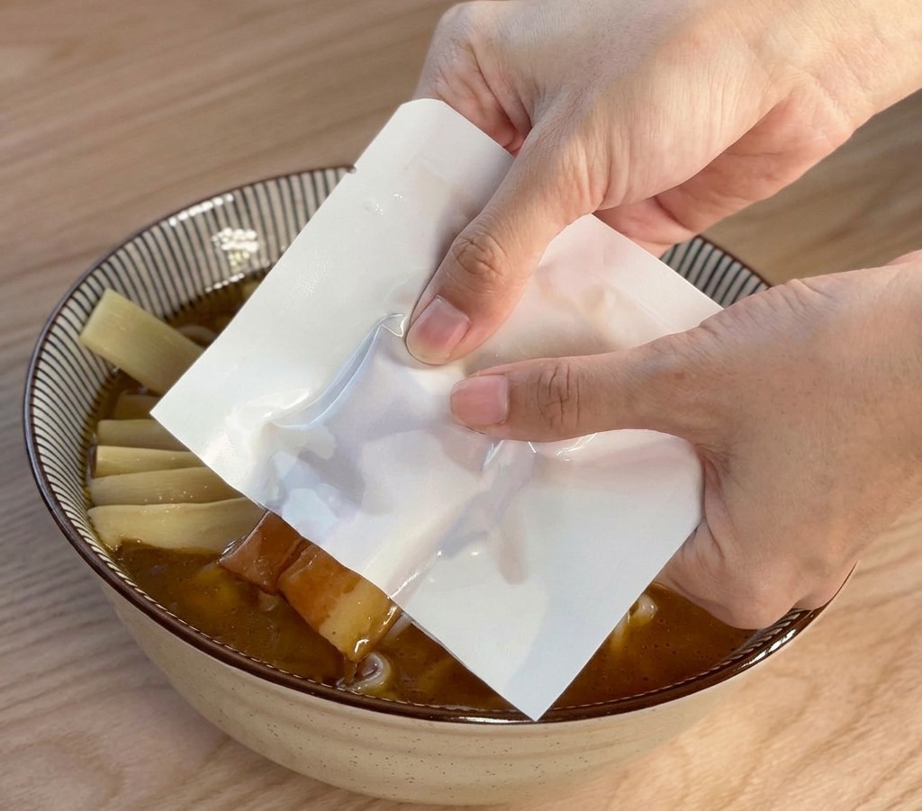 メンマなどがのった味噌ラーメンの器に、白いパッケージからじっくり煮込まれたチャーシューを滑らせるようにのせている手元。