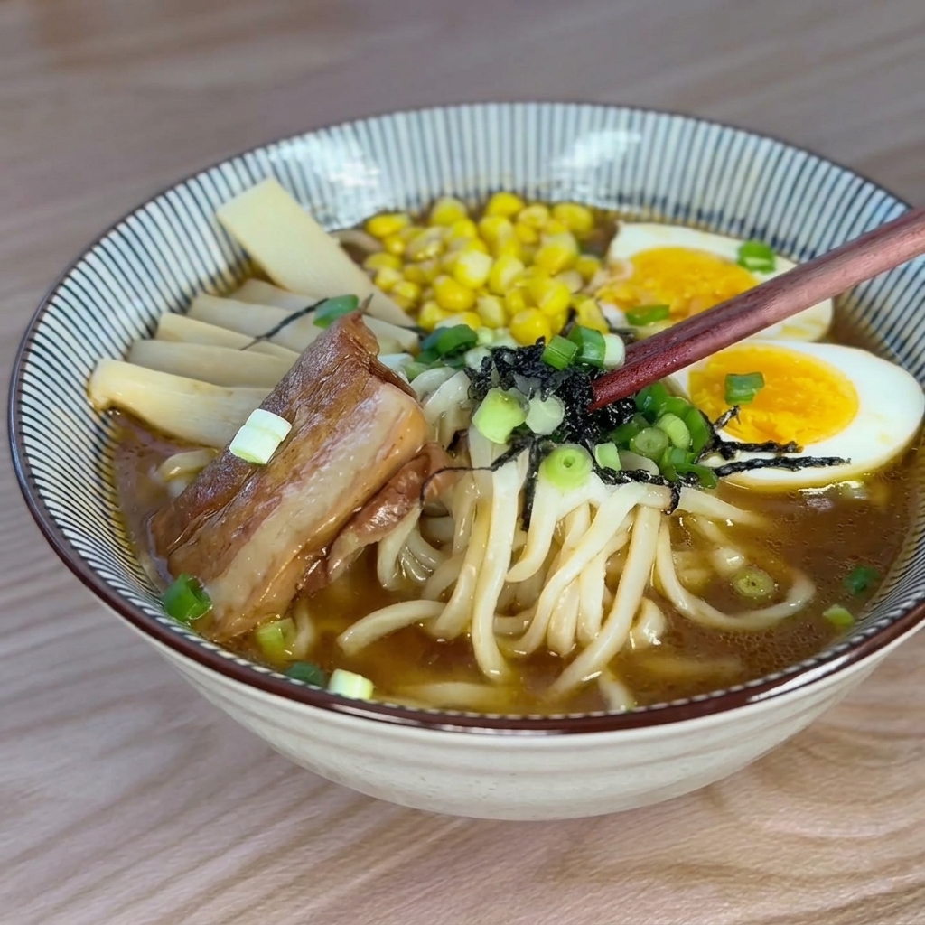 半熟卵、コーン、チャーシュー、メンマがのった味噌ラーメンの上に、仕上げとして新鮮な刻みねぎが散らされている完成図。