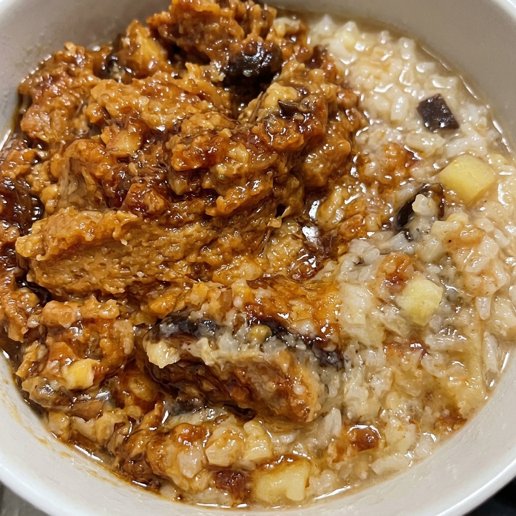 濃厚で質感のある茶色の味噌混合物が白いボウルの中でしっかりと混ぜ合わされているクローズアップ写真。