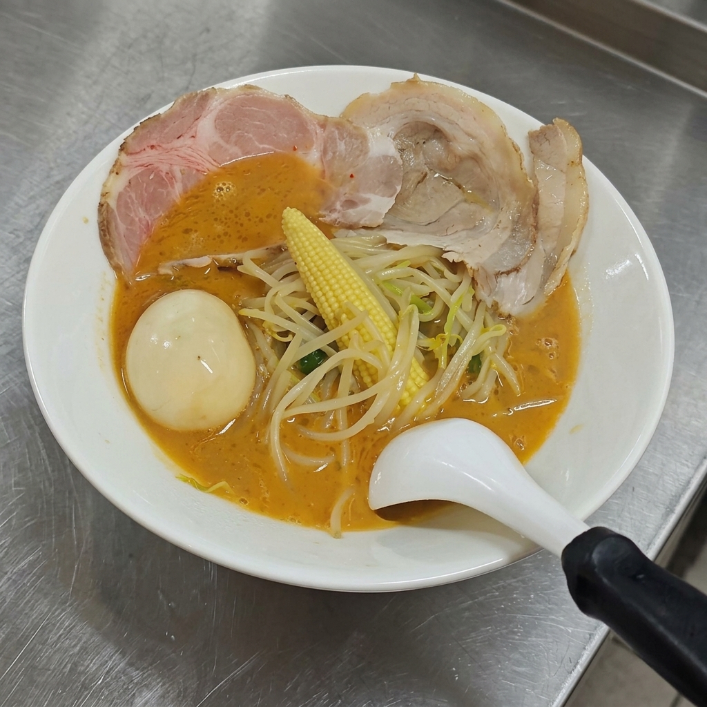 もやし、ヤングコーン、チャーシュー、半熟煮卵、解け始めた四角い黄色いバターがのった、完成した味噌ラーメンの丼。