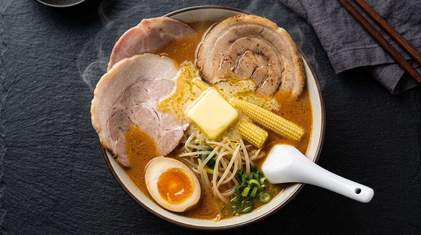 溶け出すバター、チャーシュー、ヤングコーンがトッピングされた、湯気が立ち上る赤味噌ラーメン