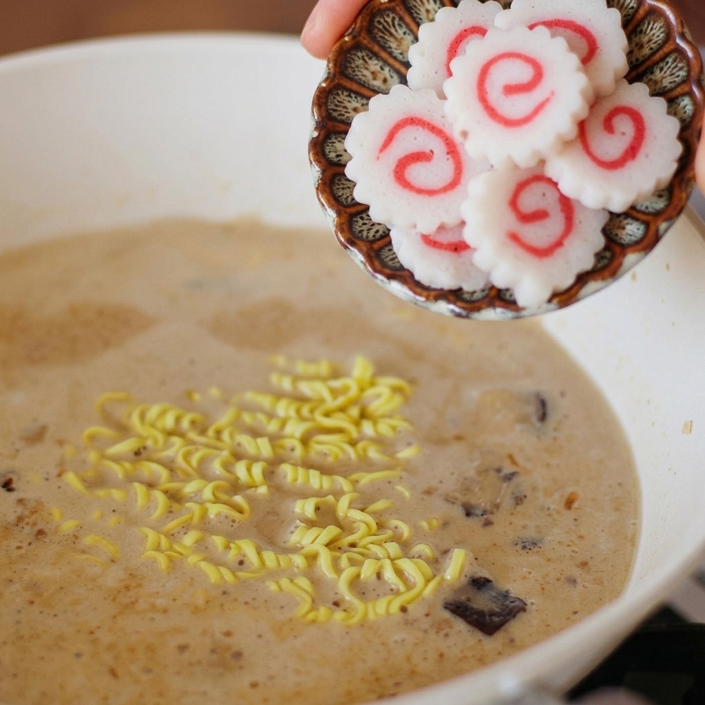 飾り皿を傾けて、ピンクの渦巻き模様の入ったなるとの薄切りをラーメンの鍋に入れている様子