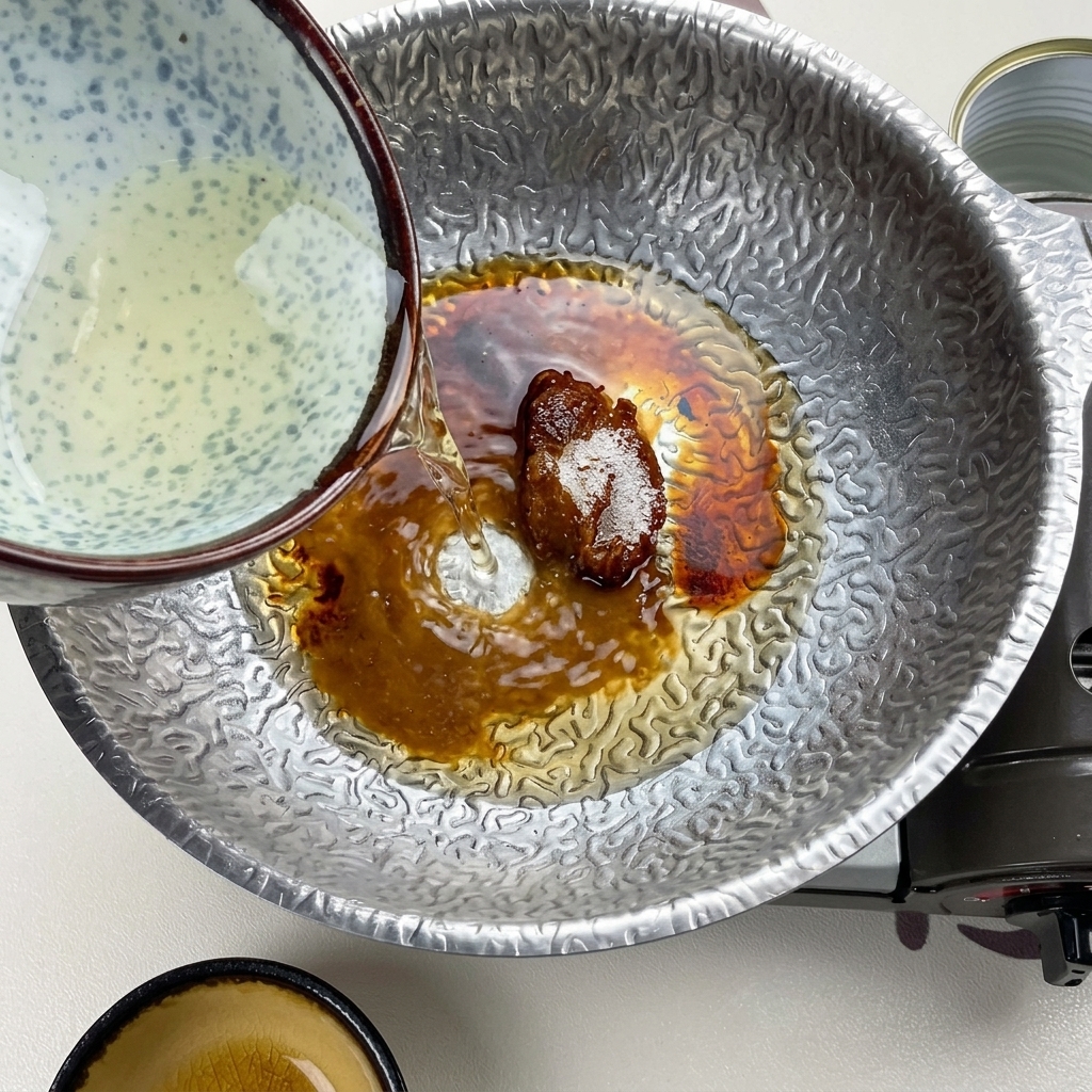 青い模様の入った陶器の器から、黒っぽい味噌と砂糖の混合液に出汁を注ぎ入れている様子。