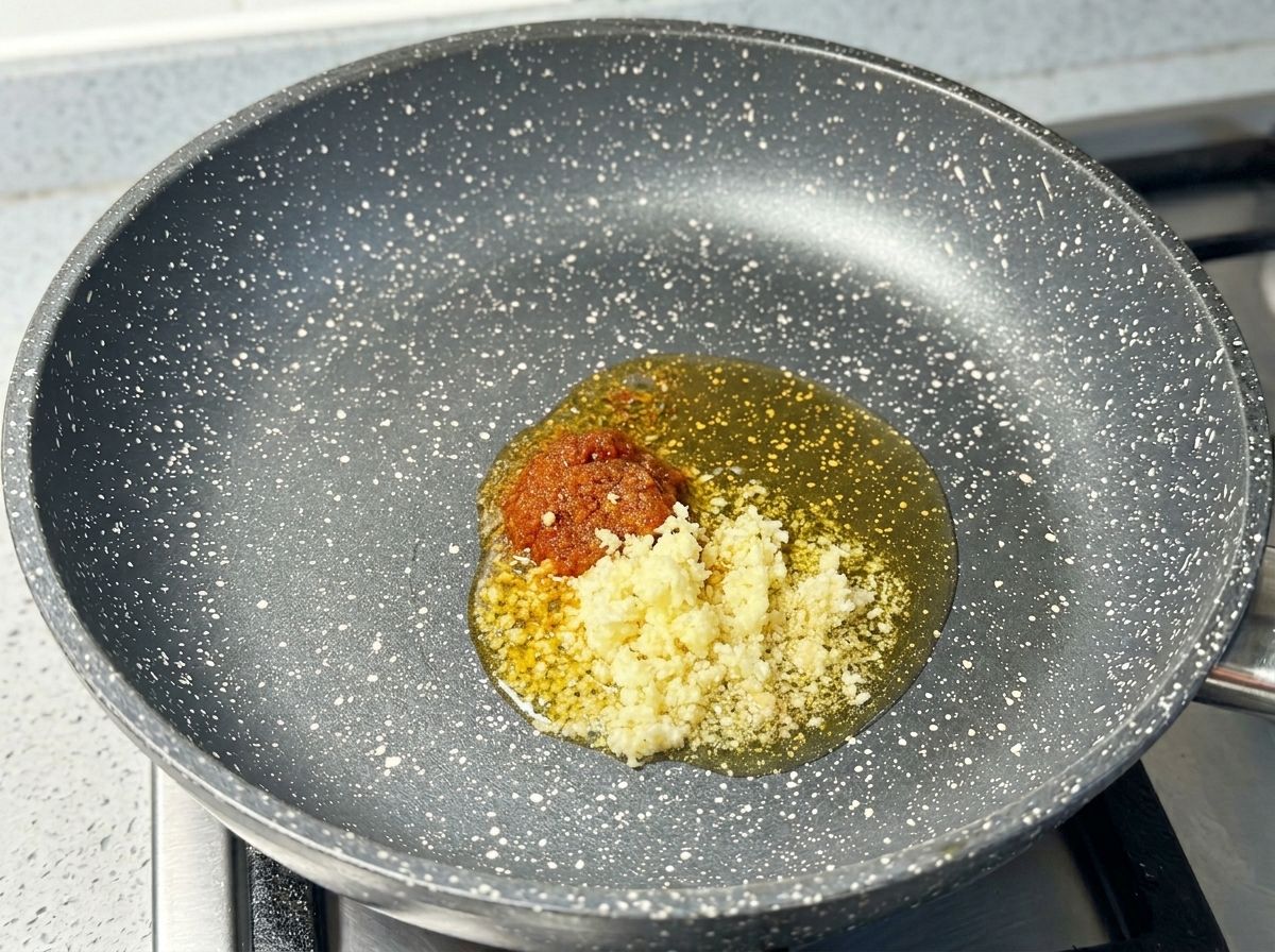熱したフライパンの中で、おろしにんにくとスプーン1杯の赤みがかったエビペーストがジューシーに弾けている様子。