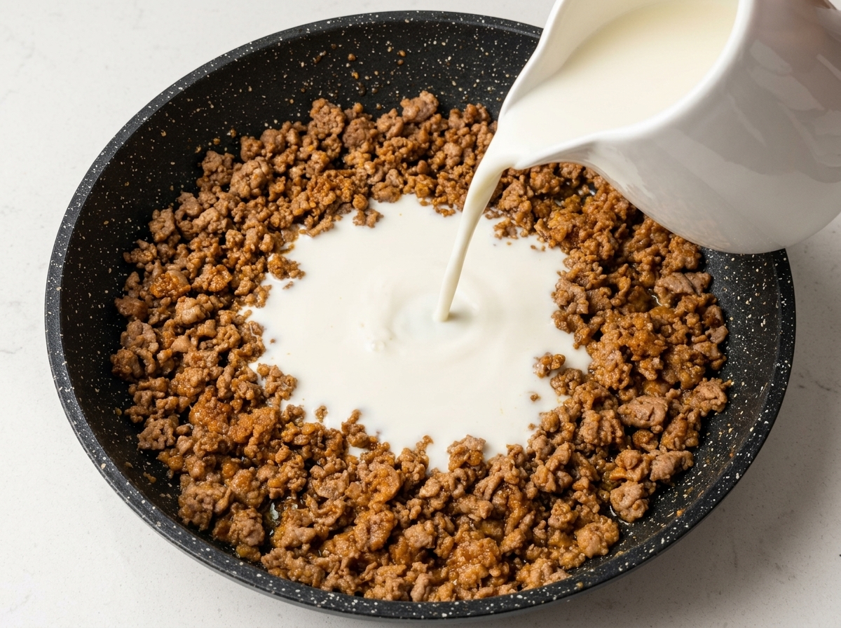 炒めた豚挽き肉が入ったフライパンに、陶器のピッチャーから白い牛乳をゆっくりと注ぎ入れている様子。