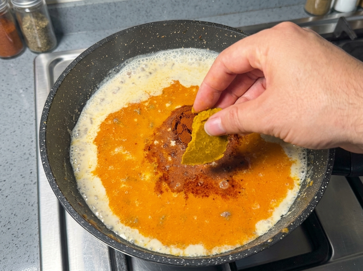 挽き肉入りの白いミルクベースのスープが火にかかるフライパンの上で、手で固形のカレールーを割り入れている様子。