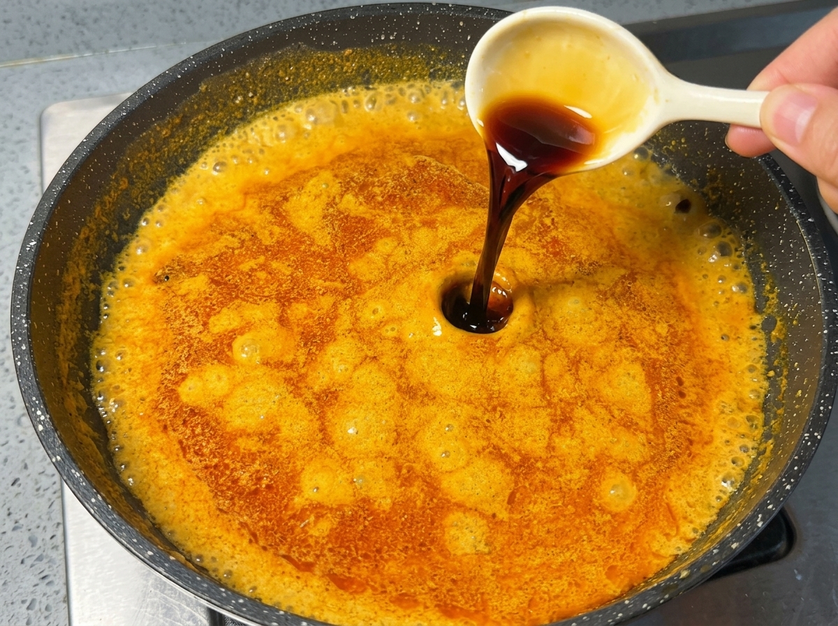 小さな陶器のスプーンから、グツグツと煮立つ鮮やかなオレンジ色のカレースープに濃口醤油を垂らしている様子。