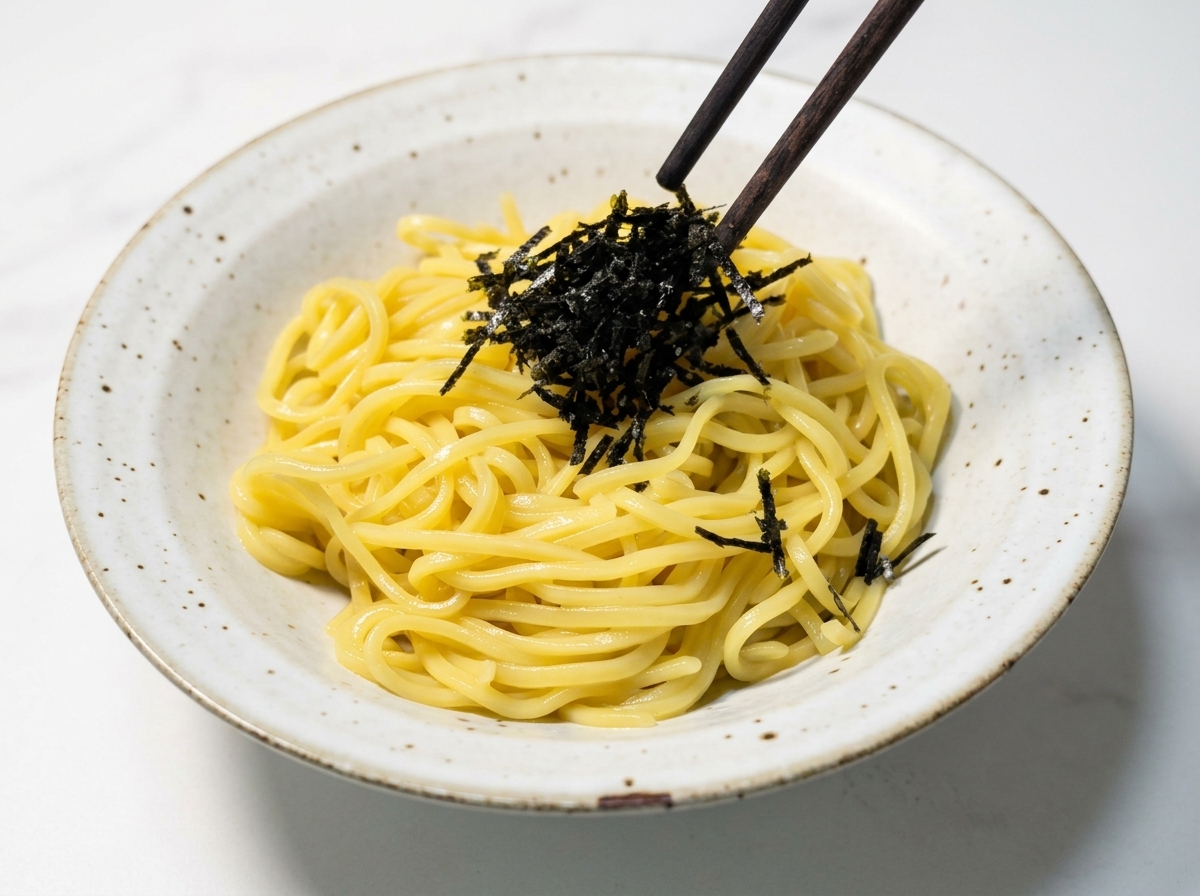 風合いのある器に盛られた鮮やかな黄色い麺の上に、黒い箸で刻み海苔をふんわりと載せている様子。