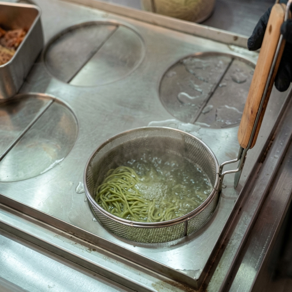 沸騰したお湯の中で、黄色い太麺が入ったテボ（振りザル）を沈めて麺を茹でている様子。