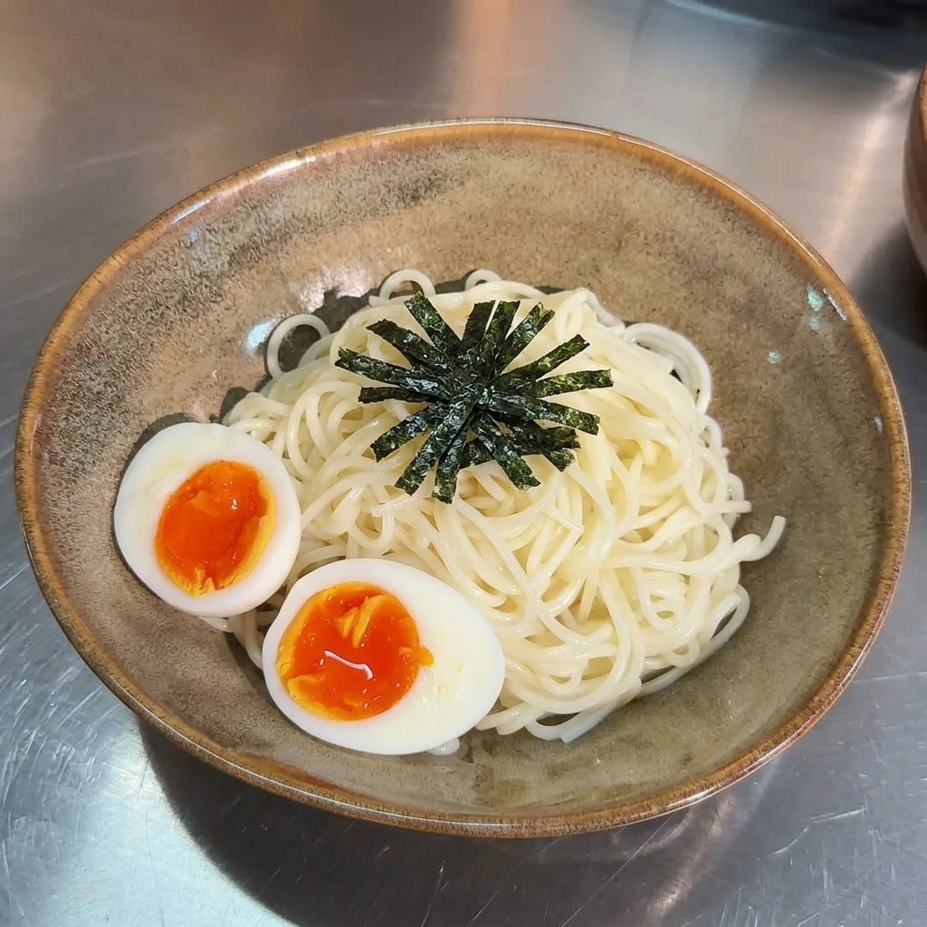 茶色の陶器の器に盛られた中華麺の上に、２つの半熟卵と細切りにした焼き海苔が美しく飾られている様子。