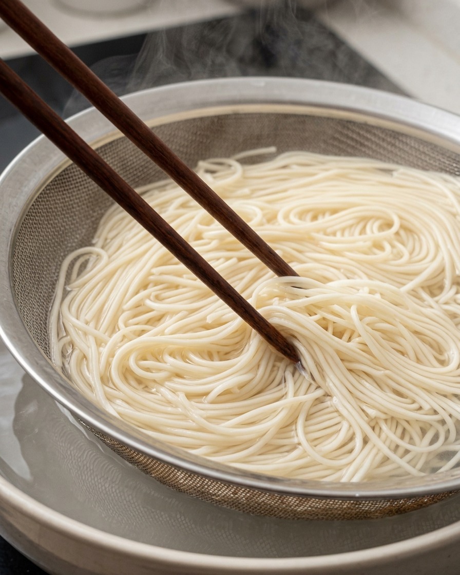 湯気が上がる鍋から、茹で上がったラーメンの麺を木箸とテボ（麺揚げざる）で引き上げている様子