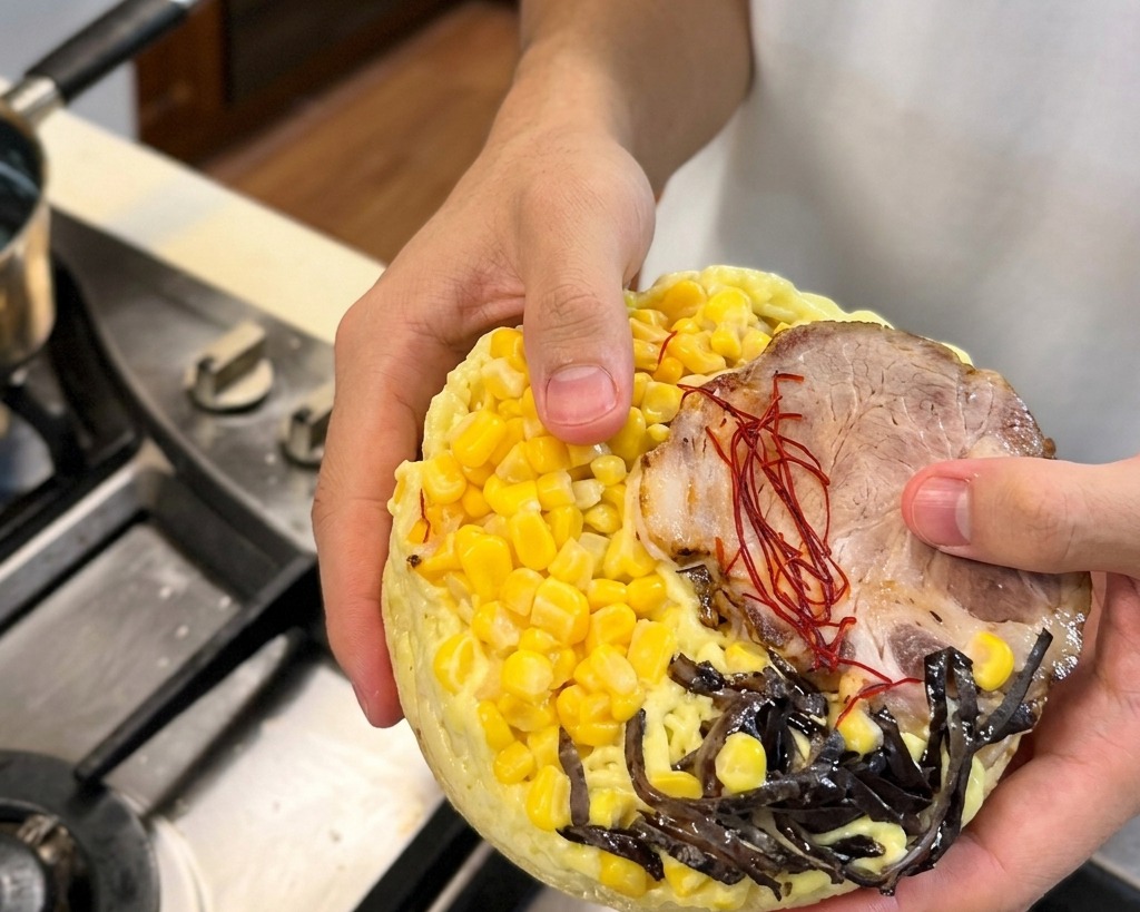 コンロの上で、黄色いコーン、チャーシュー、刻んだキクラゲがトッピングされた丸い冷凍ラーメンパックを持っている様子。