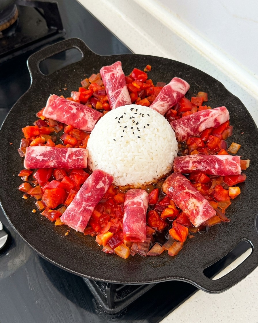 円形のフライパンの中で、生の牛肉のロールと赤いトマトソースの上から、濃い茶色の香ばしいタレを回しかけている様子。