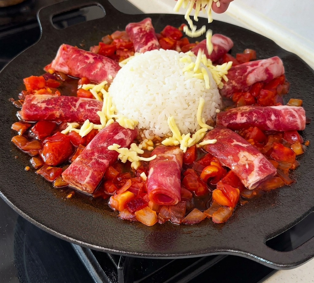 中央のご飯の周りにある牛肉とトマトの部分に、手で白いピザ用チーズをたっぷりと散らしている様子。