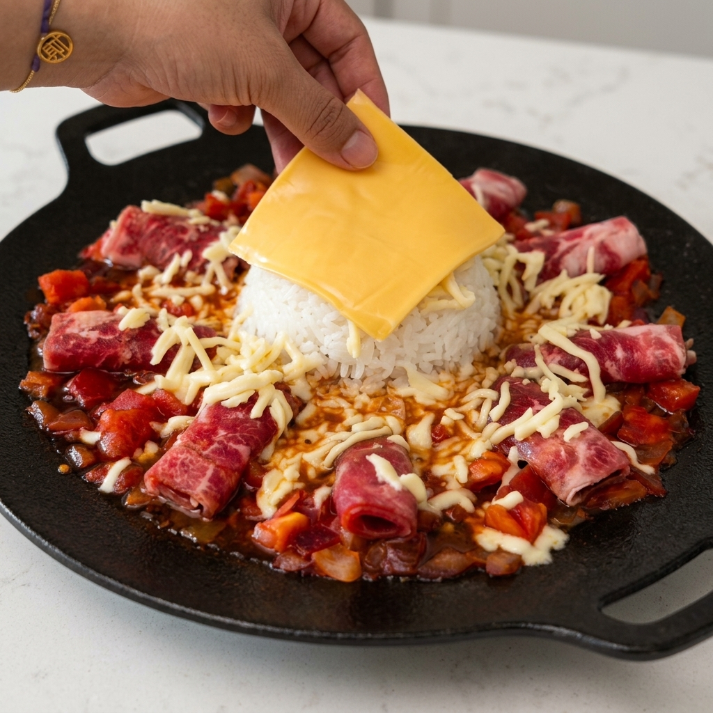 牛肉のロールとシュレッドチーズに囲まれた、中央の白いご飯のドームの上に、手で四角い黄色いチェダーチーズをのせている様子。