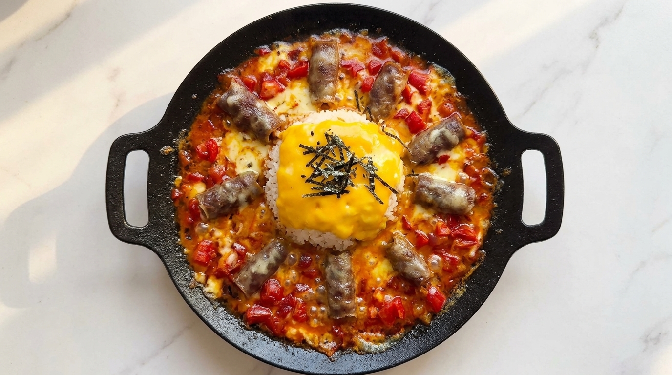 熱々のフライパンに盛り付けられたトマト牛チーズライス。中央のご飯にはチェダーチーズがとろけ、周りを旨味たっぷりの牛肉が囲んでいます。